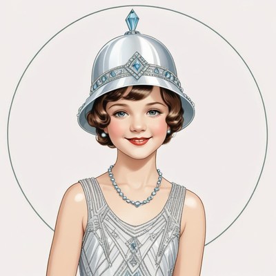 Girl in vintage attire with silver hat and pearls