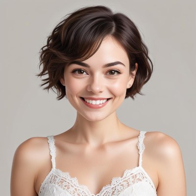 Cheerful woman with short hair in white top smiles brightly
