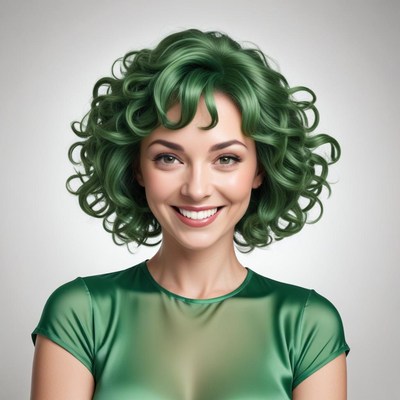 Bright green hair and joyful expression in a studio