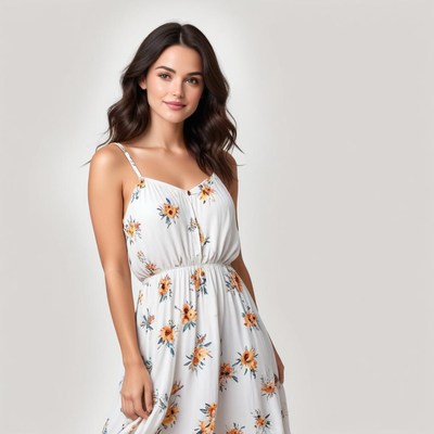 Woman in floral dress posing against a neutral background