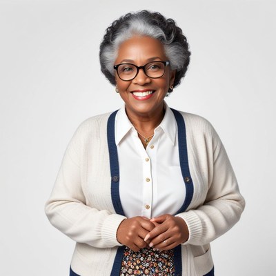 Senior woman smiling warmly in a cozy setting