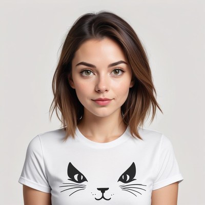 Young woman in a cat shirt with a playful grin