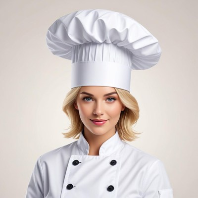 Chef wearing a traditional white hat in a kitchen setting