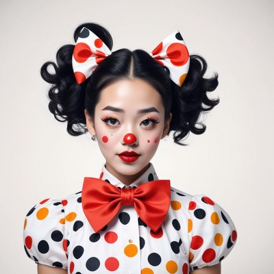 Bright clown costume with polka dots and playful hairstyle
