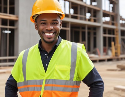 Construction worker smiles at site during daylight hours