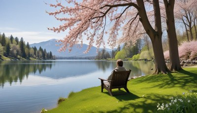 Relaxing by the serene lake under blooming trees