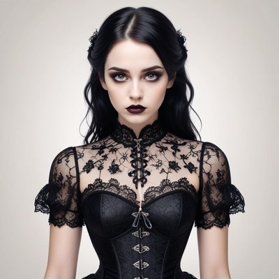 Dark beauty in intricate lace attire with striking makeup
