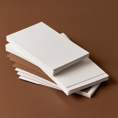 Various blank cards stacked on a brown surface