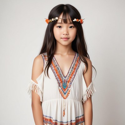 Young girl in bohemian dress with flower crown