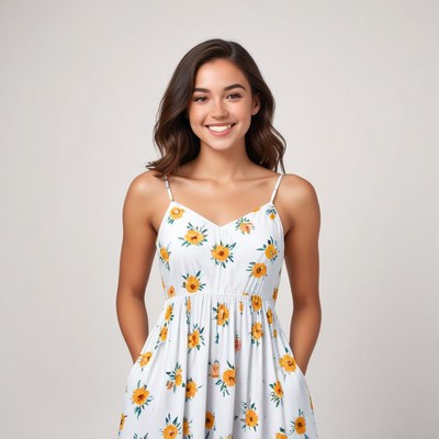 Woman smiling in a floral dress against a neutral background