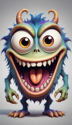 Playful blue monster with big eyes and sharp teeth