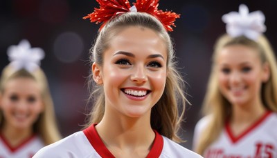 Cheerleader performing at a game with bright smiles
