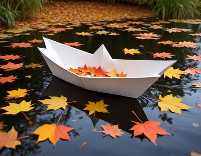 Colorful autumn leaves in a paper boat on calm water