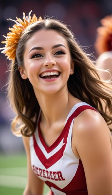 Cheerleader smiling at a game in a lively stadium