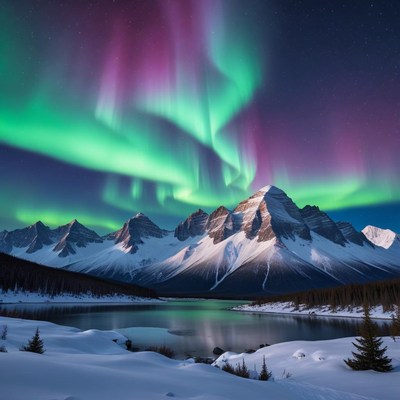 Northern lights dance over snowy mountain landscape at night