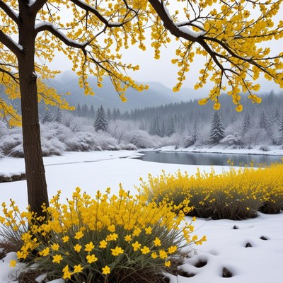 Winter landscape with yellow flowers beside frozen river