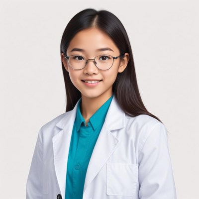 Young student in lab coat smiling for a portrait