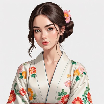 Young woman wearing a floral kimono with a serene expression