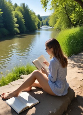 Girl reading by a river in sunny weather