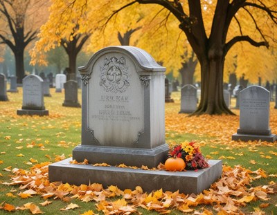Fall scene at a peaceful cemetery with vibrant leaves