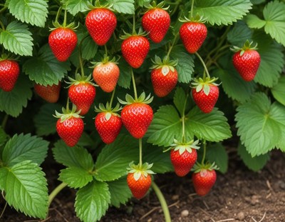 Fresh ripe strawberries hanging from green plants