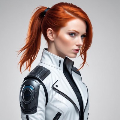 Red-haired woman in futuristic outfit with detailed design