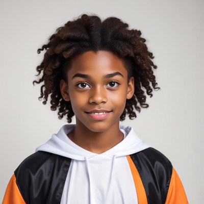 Young boy with curly hair smiling in casual attire