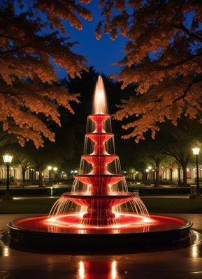Fountain illuminated with red lights in a park at night