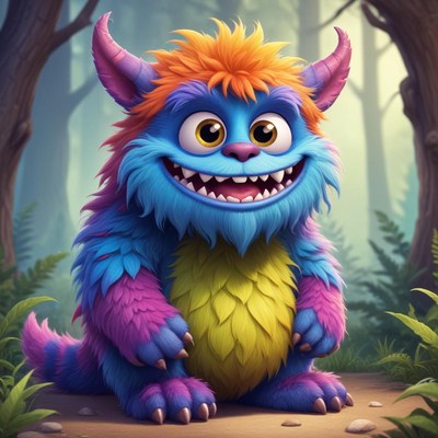 Colorful monster sitting in a lush forest scene