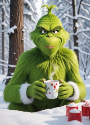 Grinch enjoying warm drink in snowy forest setting