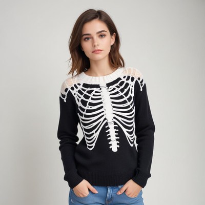 Young woman in skeleton sweater on plain backdrop