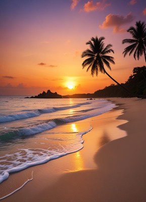 Beautiful sunset over calm beach with palm trees