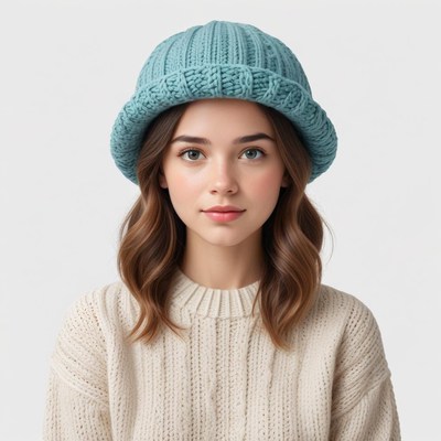 Woman wearing a blue knitted hat and cozy sweater indoors