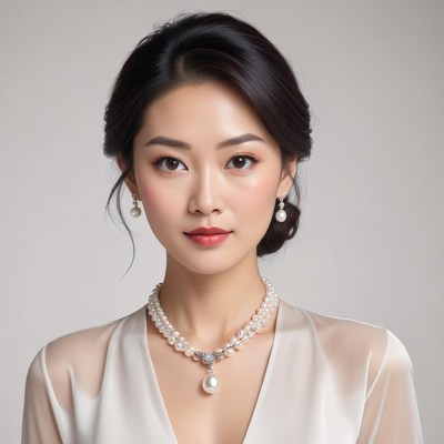 Elegant woman wearing pearl jewelry in a neutral setting