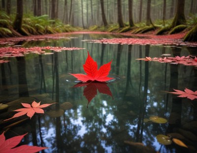 Red maple leaf floating on calm water in autumn forest