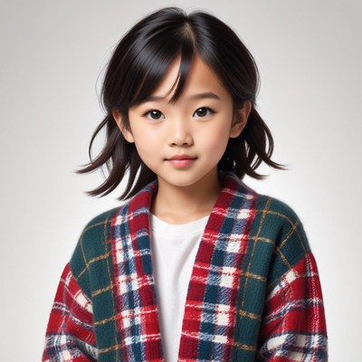 Young child wearing stylish plaid cardigan at home