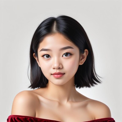 Young woman in a red top against a neutral backdrop