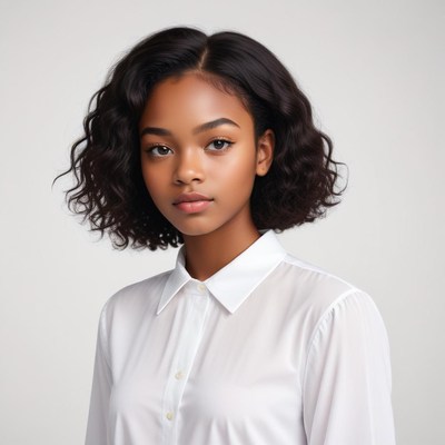 Young woman with curly hair in a white blouse