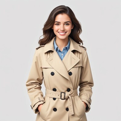 Stylish woman in trench coat smiling for the camera