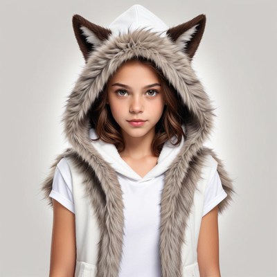 Young girl in playful furry hood with wolf ears