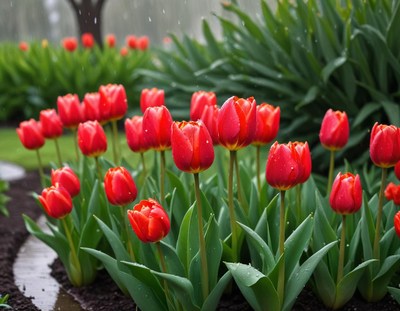 Vibrant red tulips blooming in a garden on a rainy day