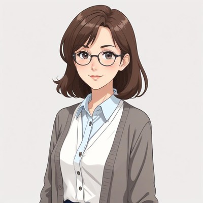 Smart woman with glasses and a cardigan poses confidently