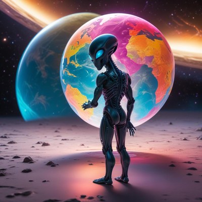 Alien figure exploring a vibrant alien landscape