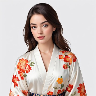 Traditional floral kimono worn by young woman indoors