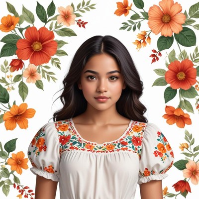 Young woman in traditional dress with floral backdrop