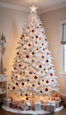 White christmas tree with ornaments and gifts