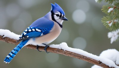 Blue jay perched on a snowy branch in winter scenery