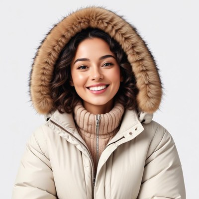 Woman smiling in warm winter jacket with fur hood