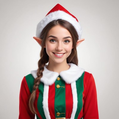 Woman dressed as an elf smiles cheerfully for the camera