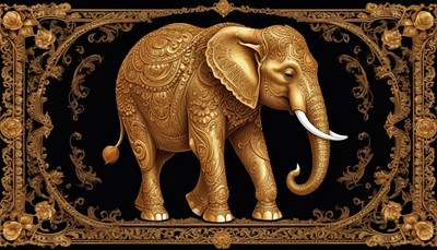 Golden elephant with intricate designs on a black background